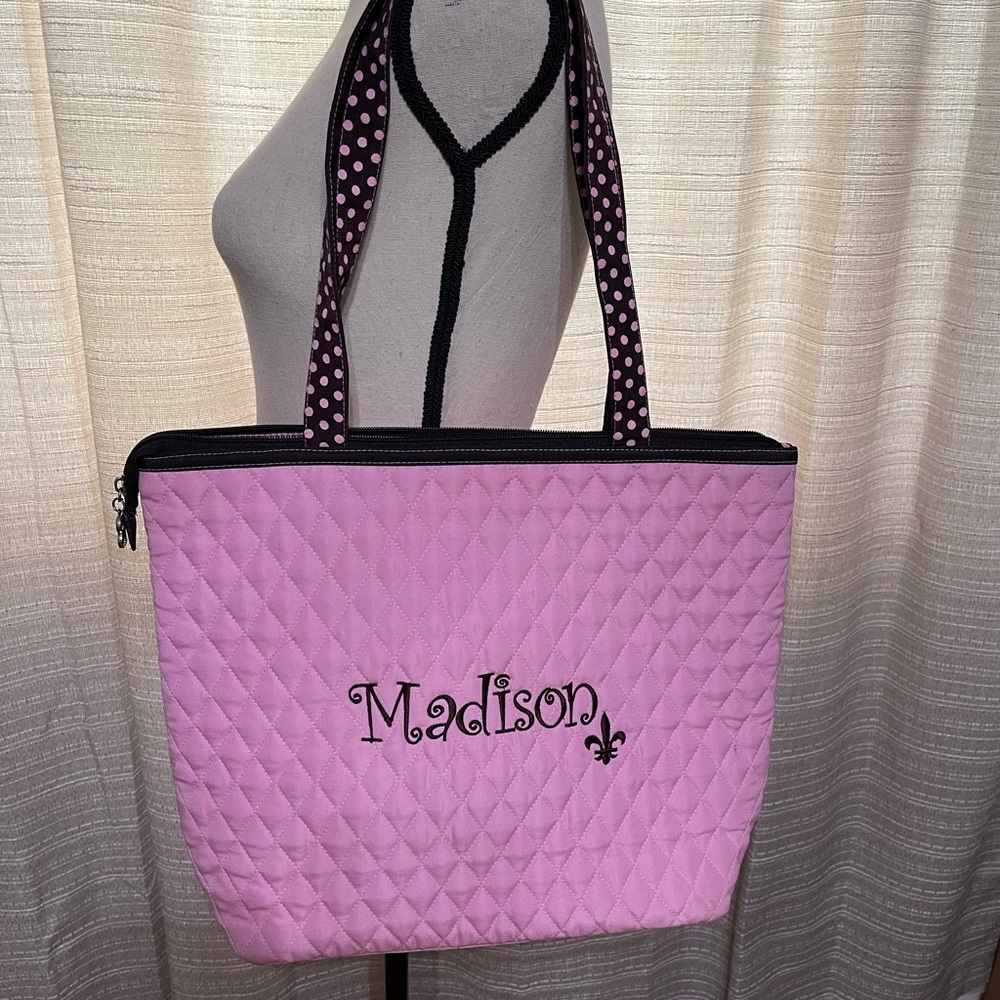 Pink and brown quilted monogrammed Madison bag